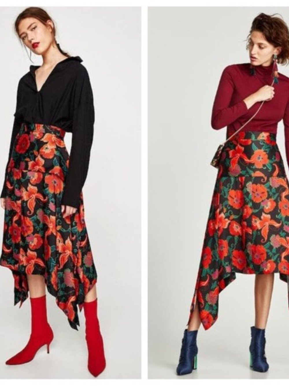 ZARA Floral Midi Skirt Asymmetric Hem Size XS - Picture 9 of 9